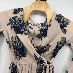 Free People Floral Wrap Romper Bell Sleeve Tie Waist Beige Navy Green Small